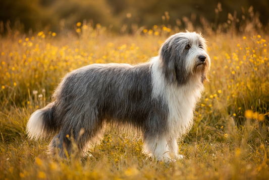Adult Bearded Collie with long shaggy gray-and-white double coat with a full beard, professional pet photograph