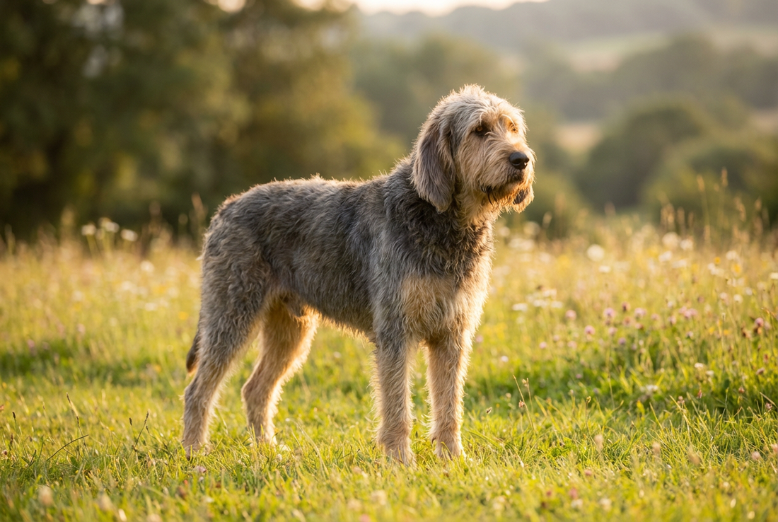 Adult Otterhound with rough harsh wiry grizzle coat, large bear-like build, long droopy ears, professional pet photograph