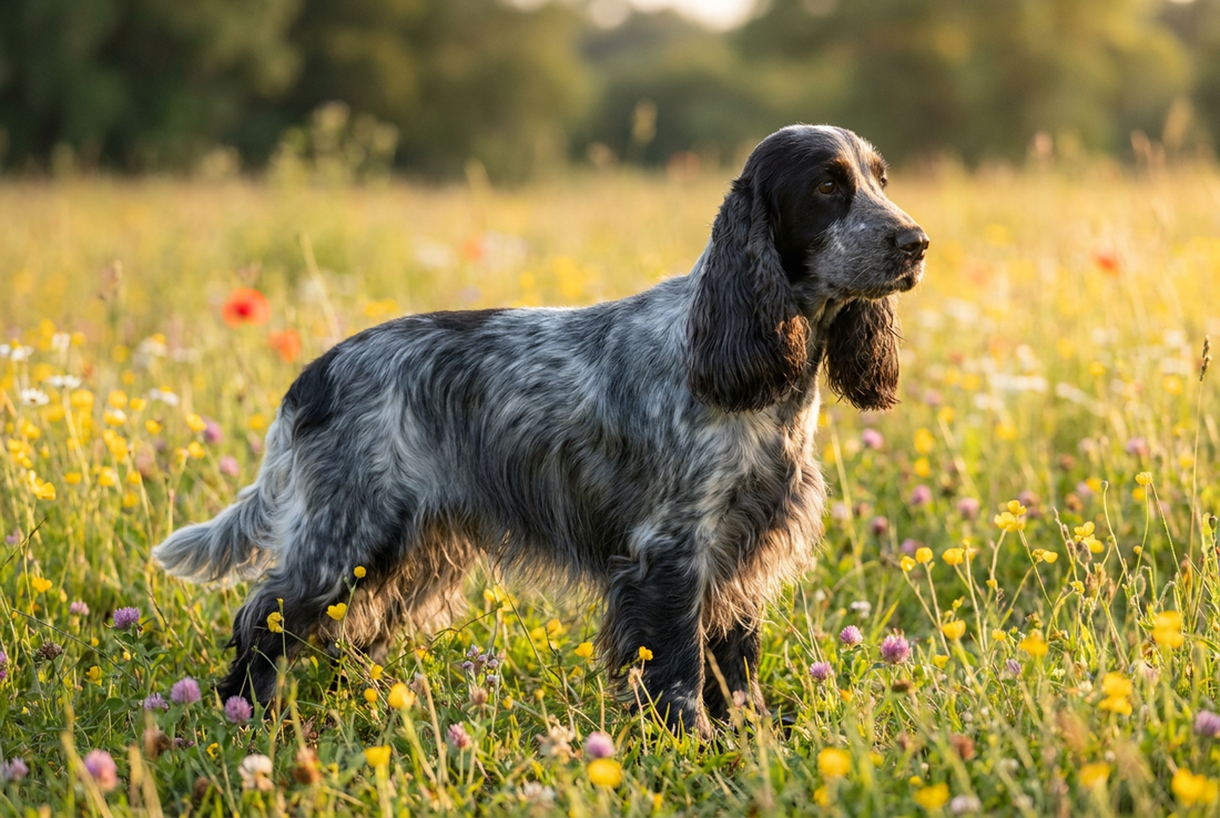 Adult English Cocker Spaniel with silky flat blue roan coat with long feathered ears, professional pet photograph