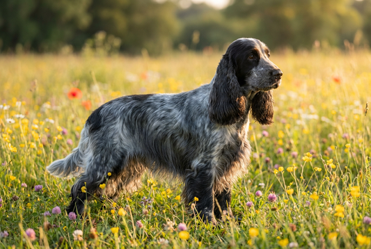 Adult English Cocker Spaniel with silky flat blue roan coat with long feathered ears, professional pet photograph