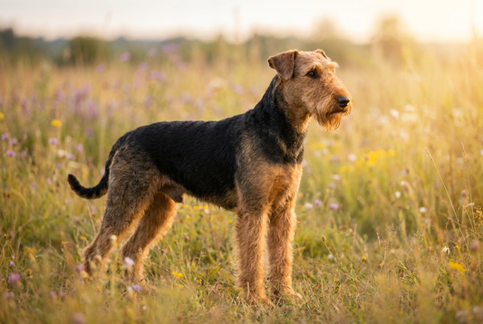 Adult Airedale Terrier with dense wiry black saddle and tan body with a beard and bushy eyebrows, professional pet photograph