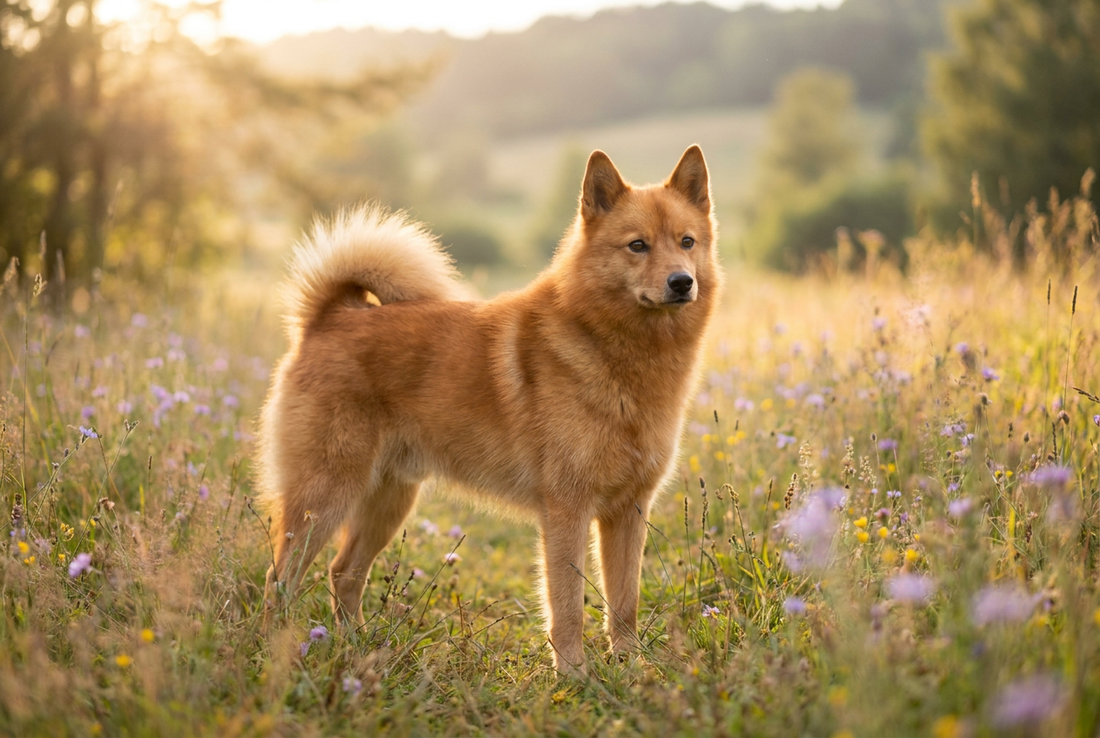 Adult Finnish Spitz with fox-red double coat with curled tail over the back, fox-like face, professional pet photograph