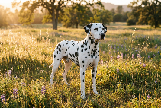 Adult Dalmatian with short white coat covered in distinctive black spots, professional pet photograph