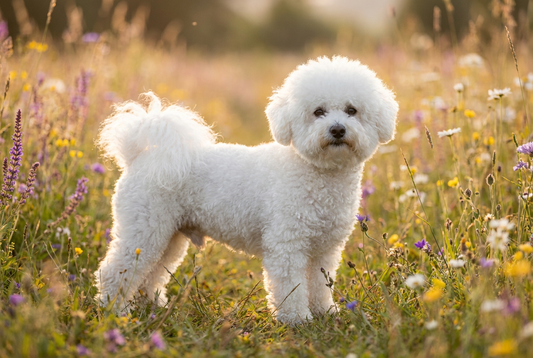 Adult Bichon Frise with dense curly powder-puff white, professional pet photograph