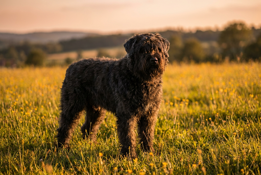 Adult Bouvier des Flandres with harsh wiry tousled black coat with prominent beard and bushy eyebrows, large athletic frame, professional pet photograph