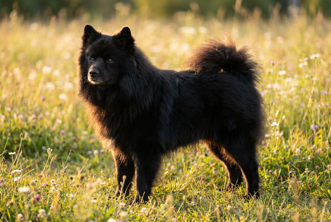 Adult Finnish Lapphund with thick long black double coat with profuse ruff and curled tail, professional pet photograph