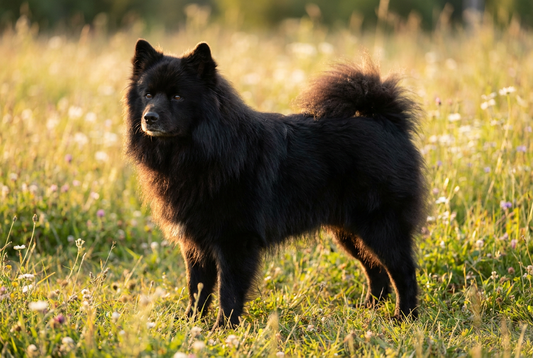 Adult Finnish Lapphund with thick long black double coat with profuse ruff and curled tail, professional pet photograph