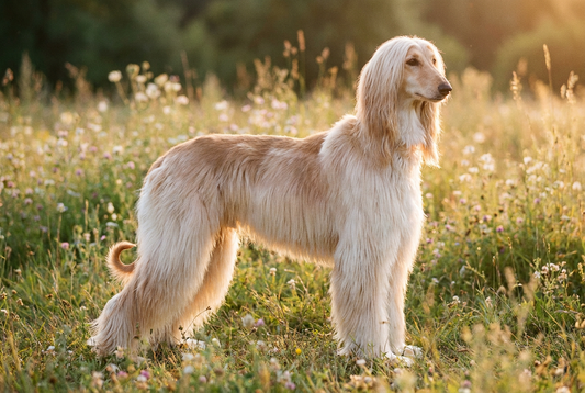 Adult Afghan Hound with long flowing silky cream-and-red with a saddle of shorter hair, professional pet photograph