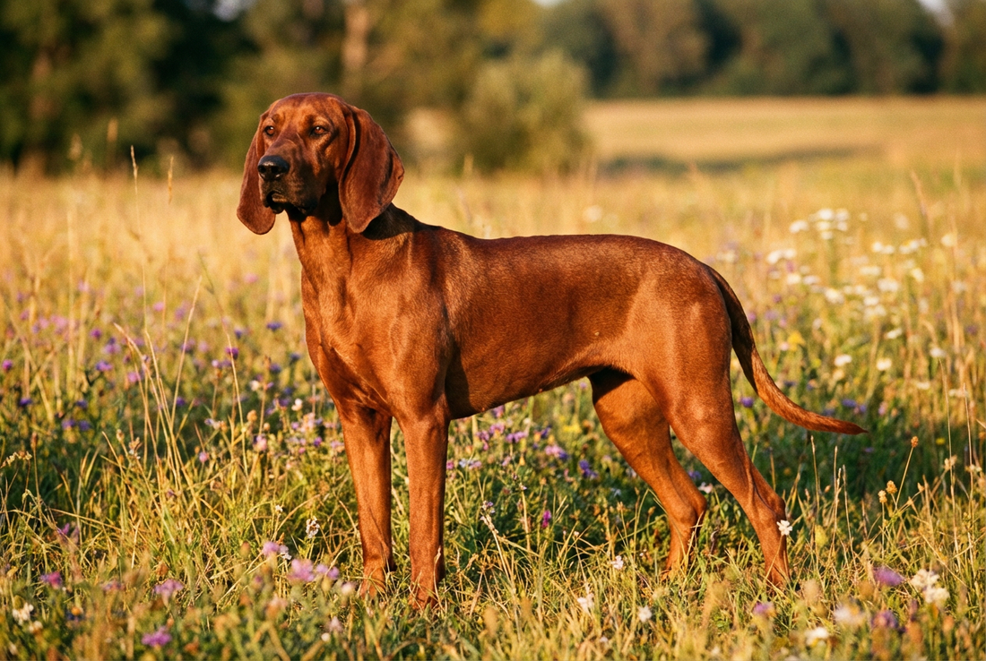 Adult Redbone Coonhound with short solid mahogany-red hound coat with long pendulous ears, professional pet photograph
