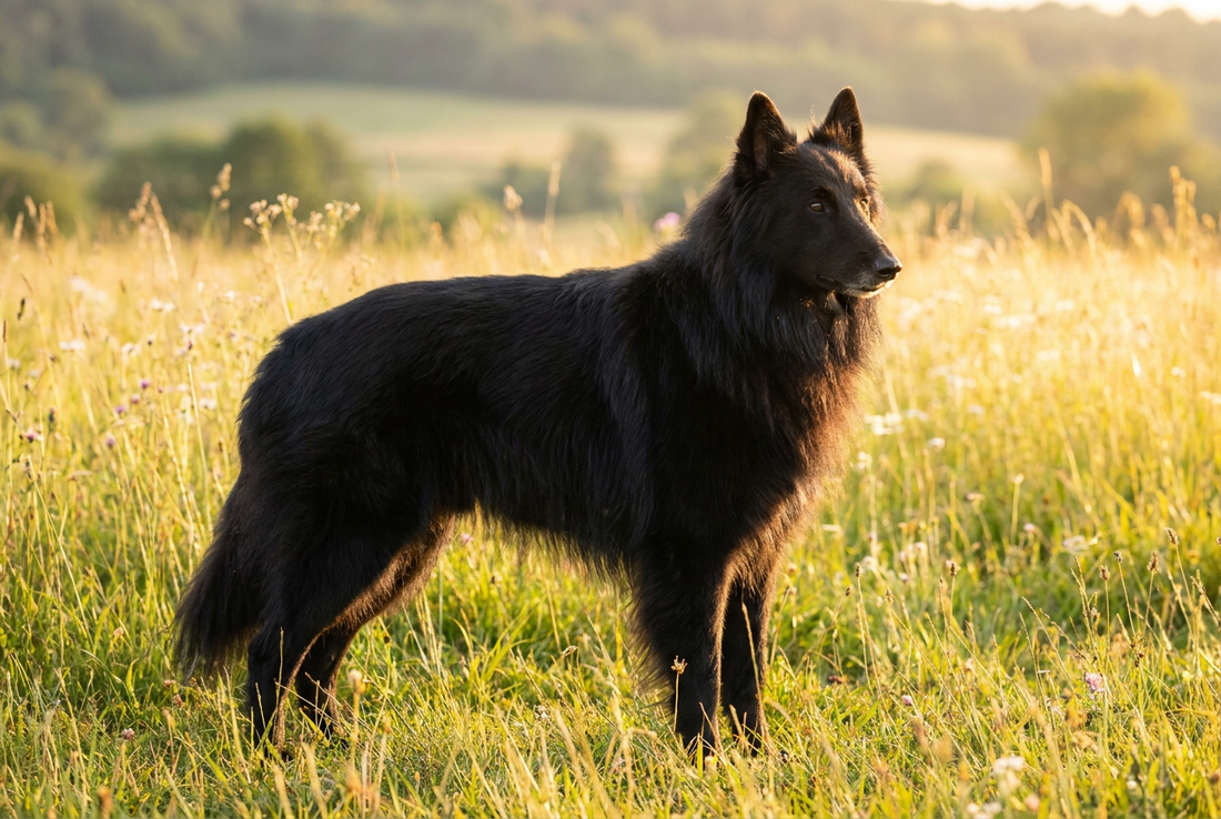Adult Belgian Sheepdog with long jet-black double coat with abundant ruff and feathering, professional pet photograph