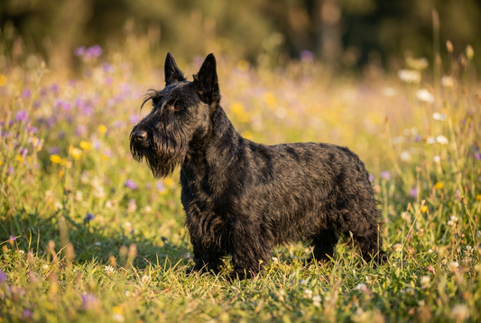 Adult Scottish Terrier with harsh wiry black coat with characteristic beard and eyebrows, short legs, professional pet photograph