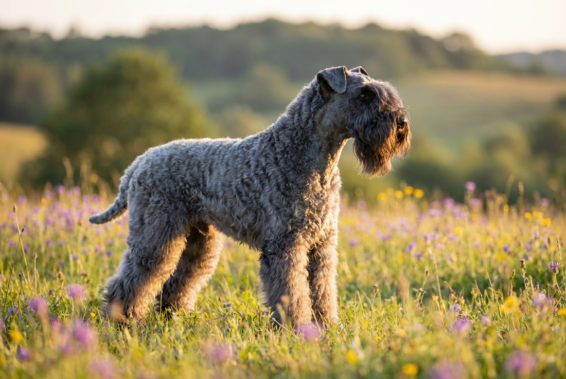 Adult Kerry Blue Terrier with soft dense wavy blue-gray coat with beard, professional pet photograph