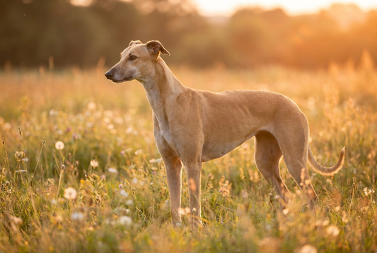 Adult Greyhound with very short fine fawn coat, narrow aerodynamic body, tucked abdomen, professional pet photograph