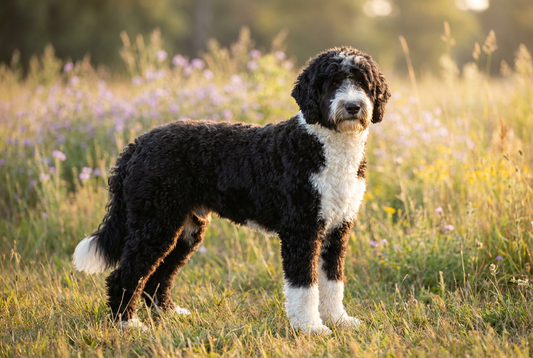 Adult Sheepadoodle with dense wavy or curly black-and-white panda coat (predominantly black with white markings on the chest, face, paws, and tail tip), professional pet photograph