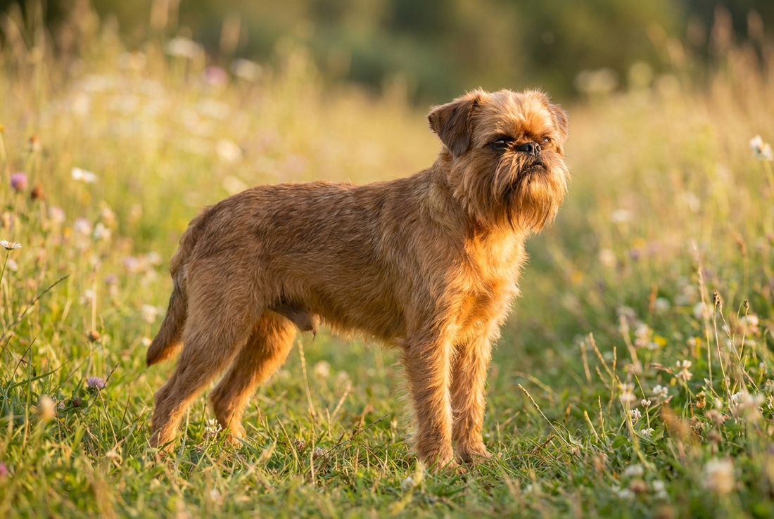 Adult Brussels Griffon with rough wiry red coat with full beard and pushed-in monkey-like face, professional pet photograph