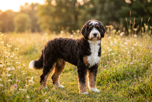 Adult Bernedoodle with wavy or curly tri-color coat (black with white chest markings and rust accents over the eyes and on the cheeks), professional pet photograph