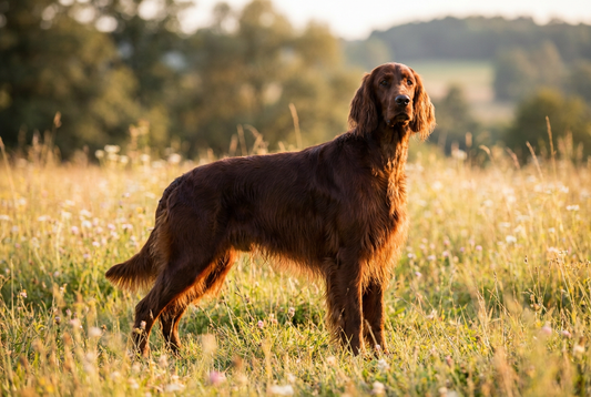 Adult Irish Setter with rich mahogany long silky coat with flowing feathering, professional pet photograph