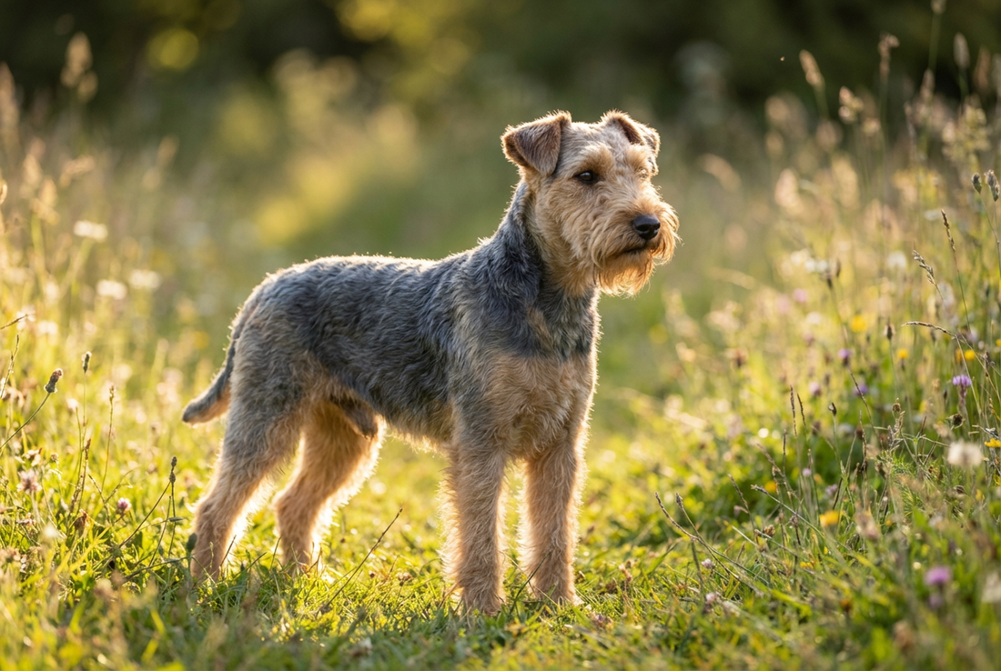 Adult Lakeland Terrier with harsh wiry blue-and-tan coat with beard and eyebrows, professional pet photograph