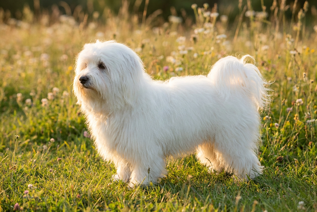Adult Coton de Tulear with long cotton-soft pure white coat, professional pet photograph