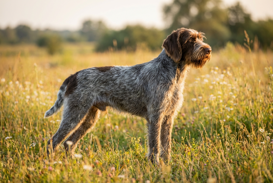 Adult Wirehaired Pointing Griffon with harsh wiry steel-gray coat with brown markings, bushy mustache and eyebrows, professional pet photograph