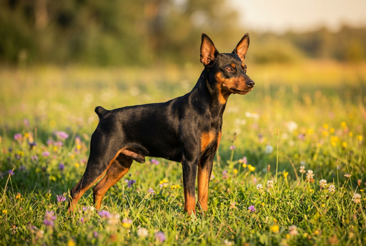 Adult Miniature Pinscher with short sleek black-and-rust coat with hackney-trotting toy frame, professional pet photograph