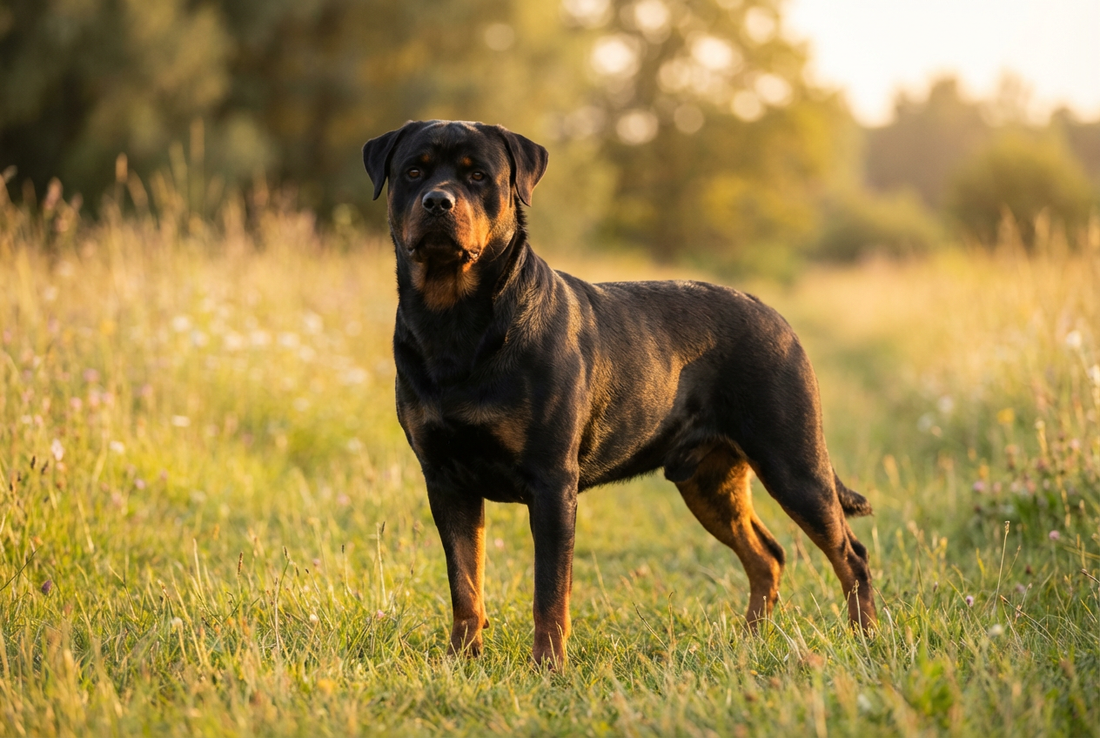 Adult Rottweiler with short dense black-and-mahogany double coat, large heavily-built frame, professional pet photograph