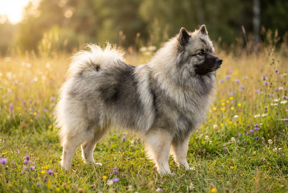Adult Keeshond with thick gray-and-cream double coat with characteristic spectacle markings around the eyes, professional pet photograph
