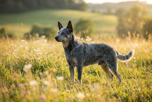 Adult Australian Cattle Dog with short blue-mottled or red-speckled double coat, professional pet photograph