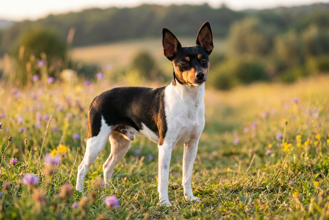 Adult Toy Fox Terrier with short tricolor (black, white, tan) toy frame, professional pet photograph