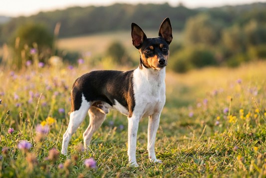 Adult Toy Fox Terrier with short tricolor (black, white, tan) toy frame, professional pet photograph