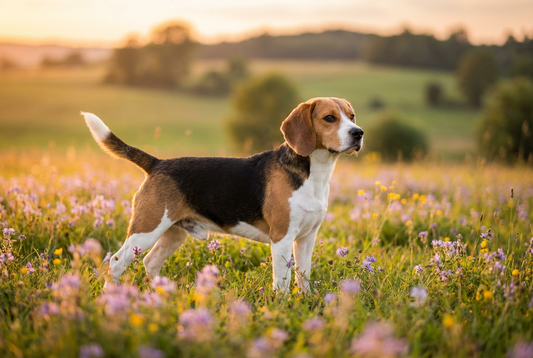 Adult Beagle with short tricolor (black, white, tan) coat, professional pet photograph