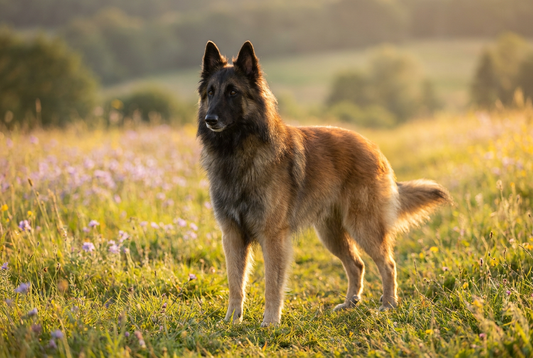 Adult Belgian Tervuren with long mahogany-fawn double coat with black overlay and feathering, professional pet photograph