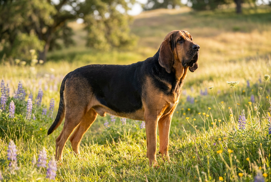 Adult Bloodhound with short black-and-tan coat with extraordinarily loose wrinkled skin, professional pet photograph