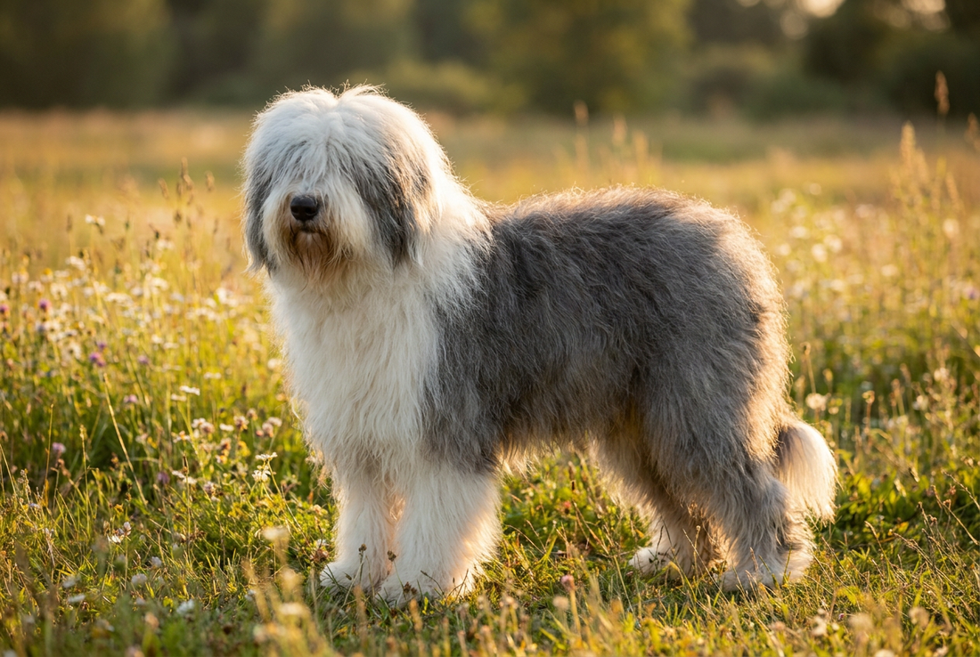 Adult Old English Sheepdog with profuse shaggy gray-and-white double coat covering the eyes, professional pet photograph