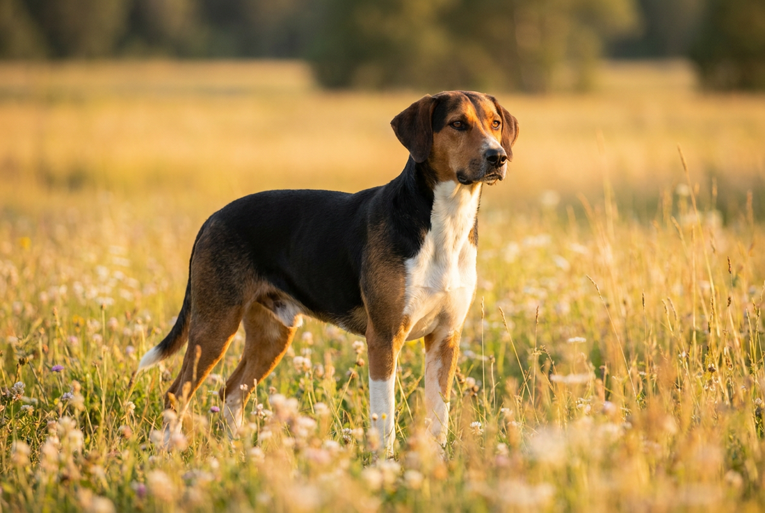Adult Harrier with short dense tricolor (black, tan, white) hound coat, professional pet photograph