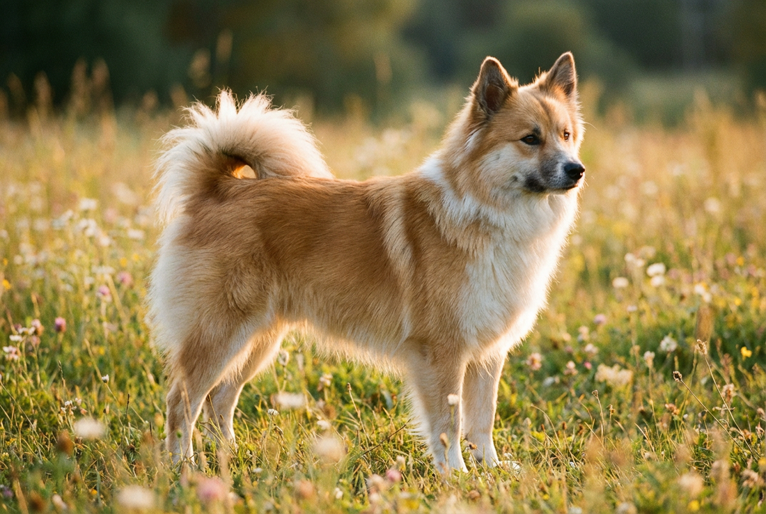 Adult Icelandic Sheepdog with thick tan-and-white double coat with curled tail, spitz-type build, professional pet photograph