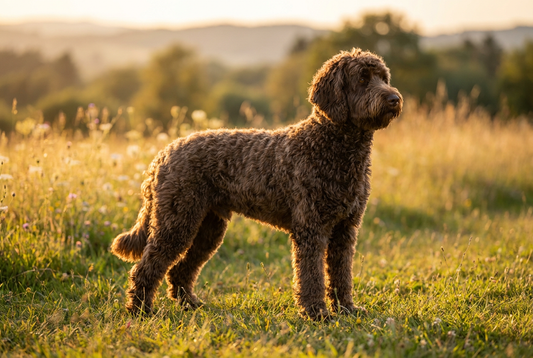 Adult Labradoodle with soft fleece-or-wool wavy chocolate coat, professional pet photograph