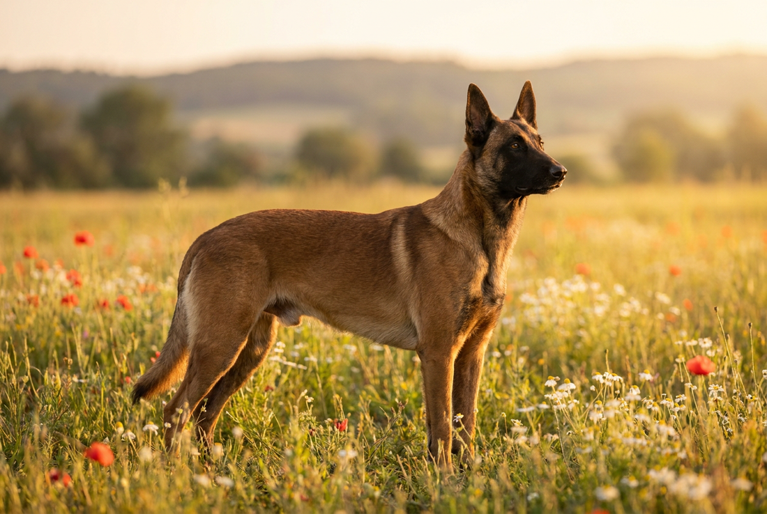 Adult Belgian Malinois with short fawn-mahogany coat with a black mask, professional pet photograph