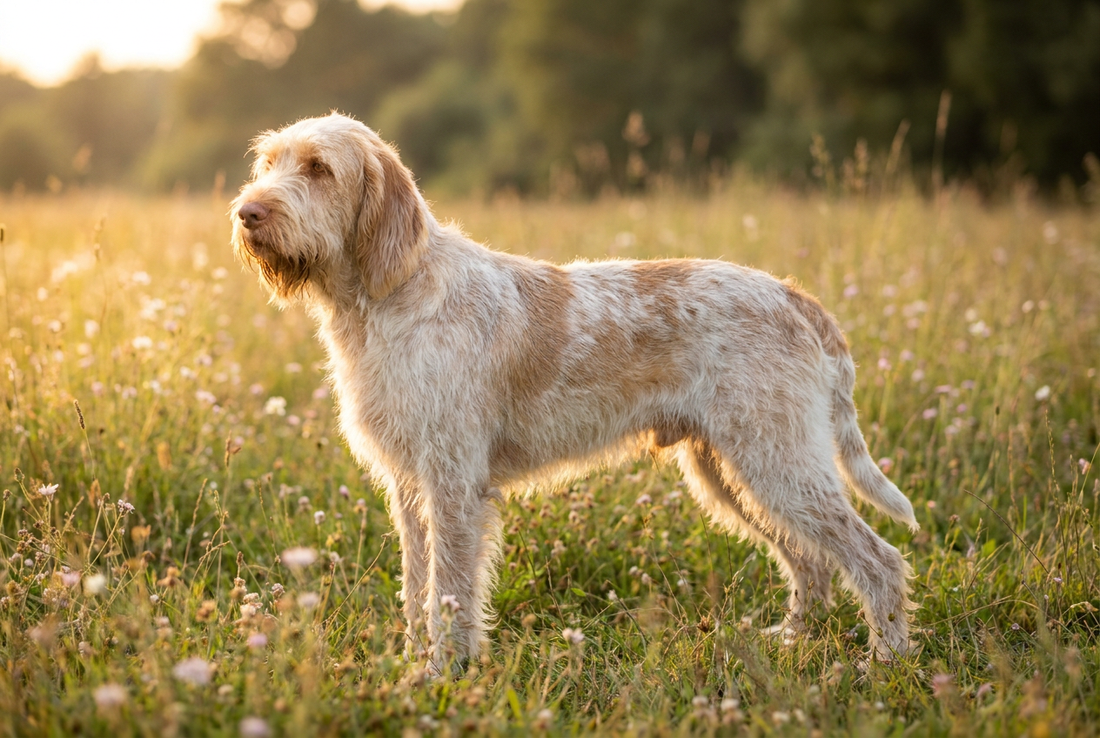 Adult Spinone Italiano with harsh wiry white-and-orange coat with shaggy beard and eyebrows, large frame, professional pet photograph