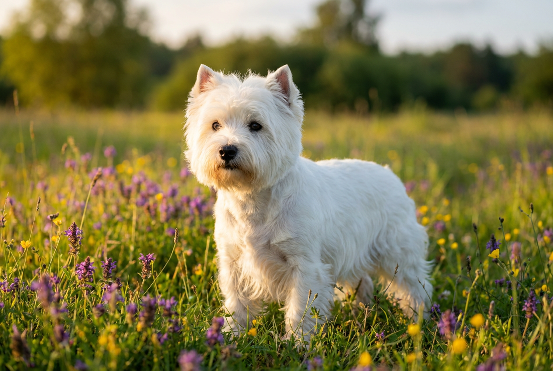 Adult West Highland White Terrier with hard dense pure white double coat with a full-face mane, professional pet photograph