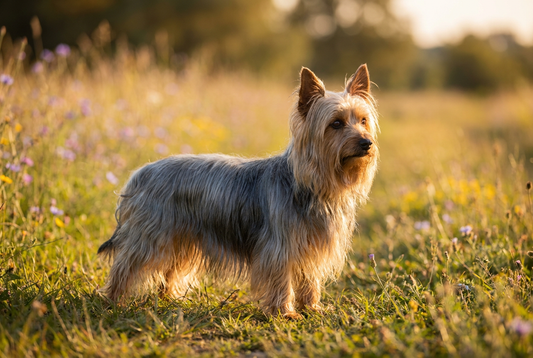 Adult Silky Terrier with long fine silky steel-blue-and-tan coat (resembles miniature Yorkie), professional pet photograph