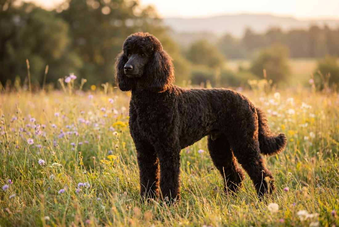Adult Standard Poodle with dense black curly coat in an elegant continental or sporting clip, professional pet photograph