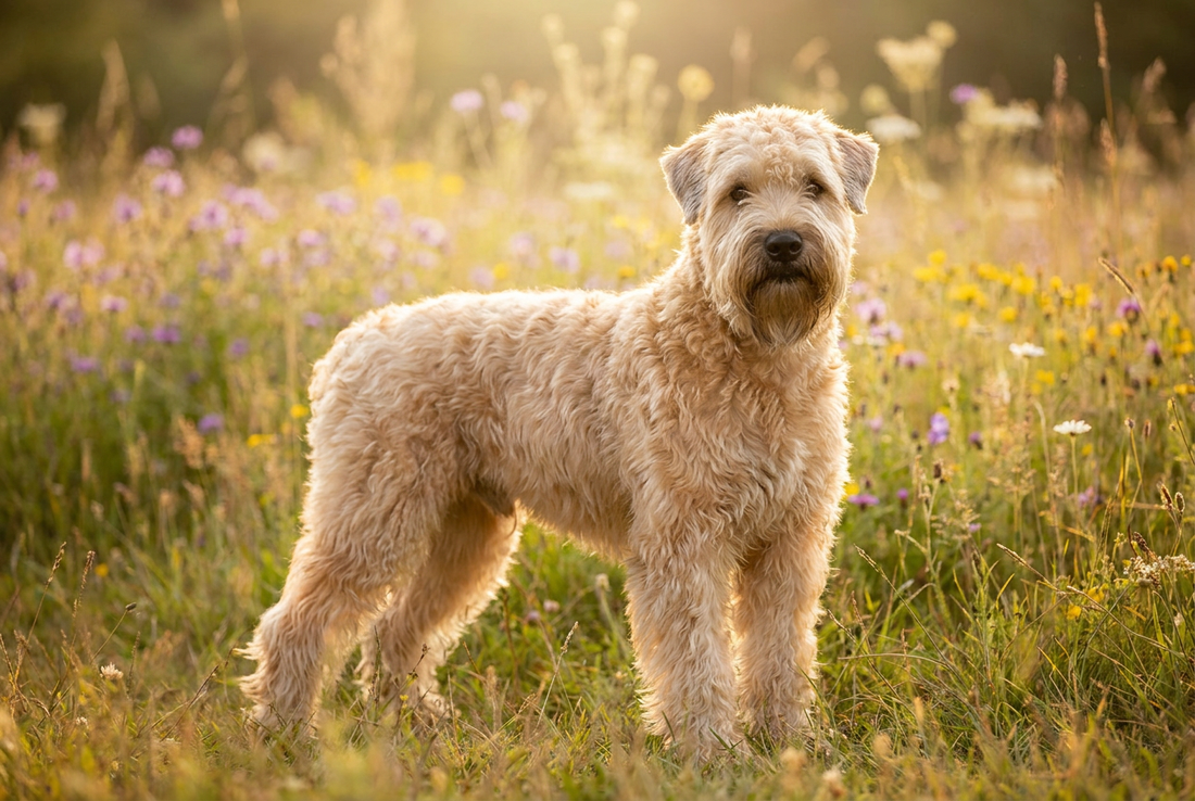 Adult Soft Coated Wheaten Terrier with soft silky wavy wheaten (warm gold) single coat, professional pet photograph