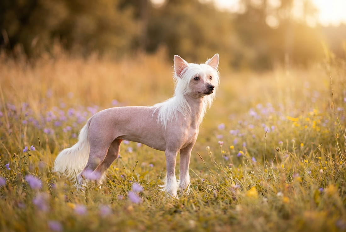 Adult Chinese Crested with smooth pinkish hairless skin with feathered crest, ankle plumes, and plumed tail (hairless variety), professional pet photograph