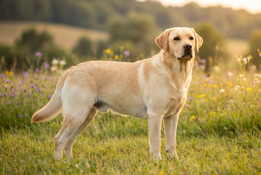 Adult Labrador Retriever with short dense yellow water-resistant double coat with otter tail, professional pet photograph