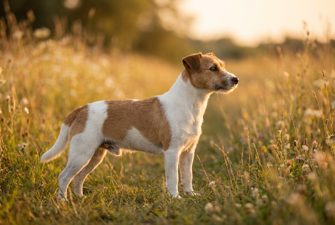 Adult Russell Terrier with short white-with-tan coat (Jack Russell type, athletic compact frame), professional pet photograph