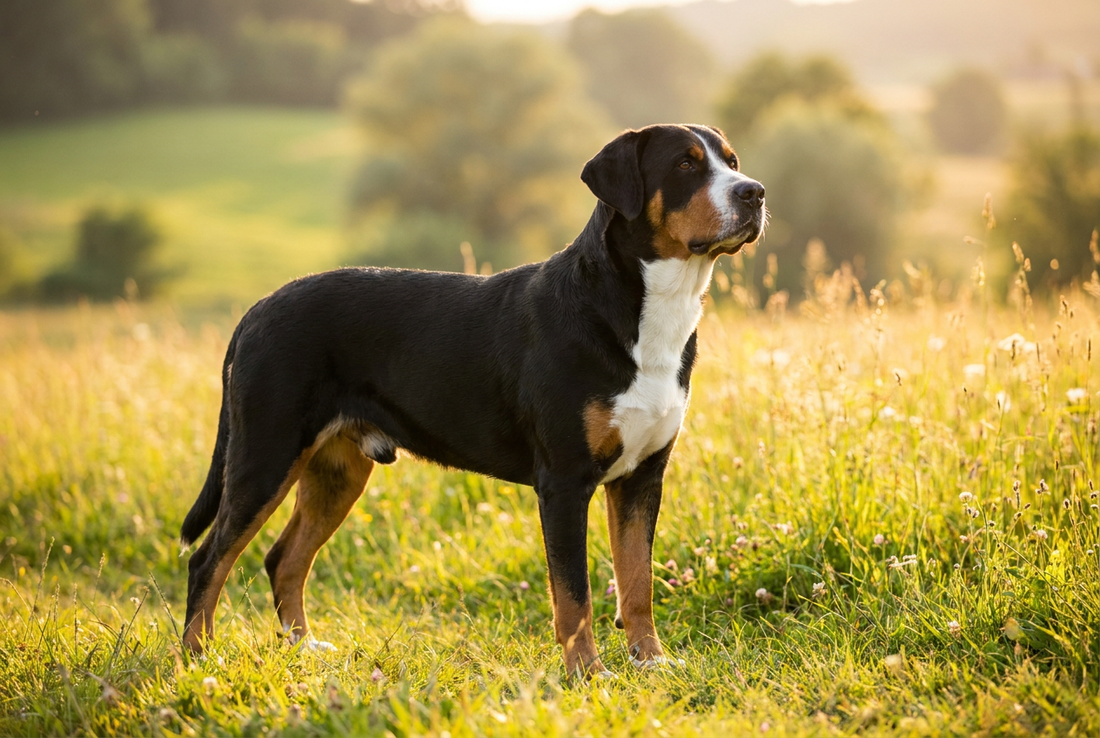 Adult Greater Swiss Mountain Dog with short tricolor (black, rust, white) double coat, large powerful Swiss mountain frame, professional pet photograph
