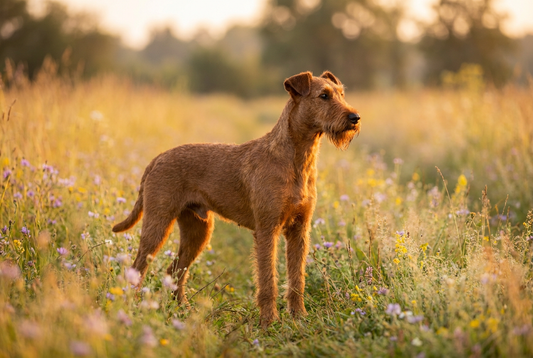 Adult Irish Terrier with harsh wiry rich red coat with beard and eyebrows, professional pet photograph