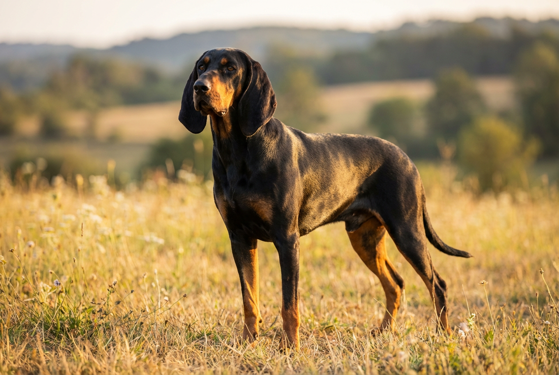 Adult Black and Tan Coonhound with short glossy black-and-tan coat with long pendulous ears, professional pet photograph
