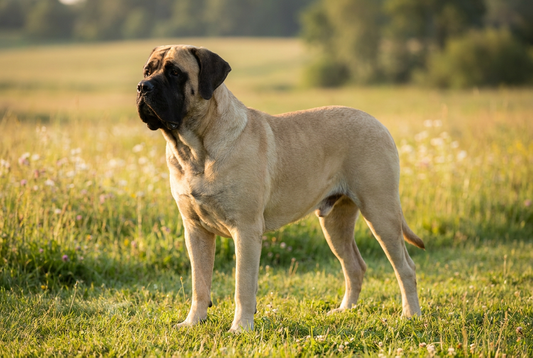 Adult Mastiff with short dense fawn coat with a black mask, massively heavy-boned frame, professional pet photograph